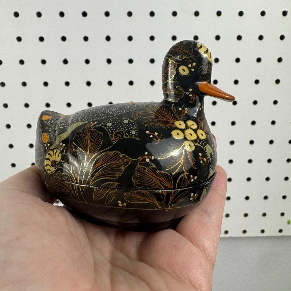 Vtg 80s Kubla Crafts Kashmir Hand Painted Duck Trinket Box Boho Cottagecore